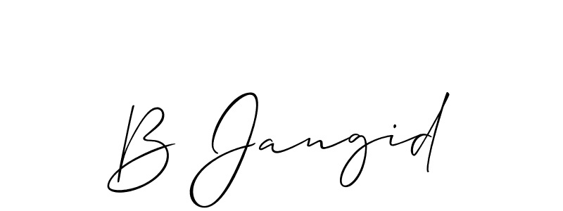 The best way (Allison_Script) to make a short signature is to pick only two or three words in your name. The name B Jangid include a total of six letters. For converting this name. B Jangid signature style 2 images and pictures png