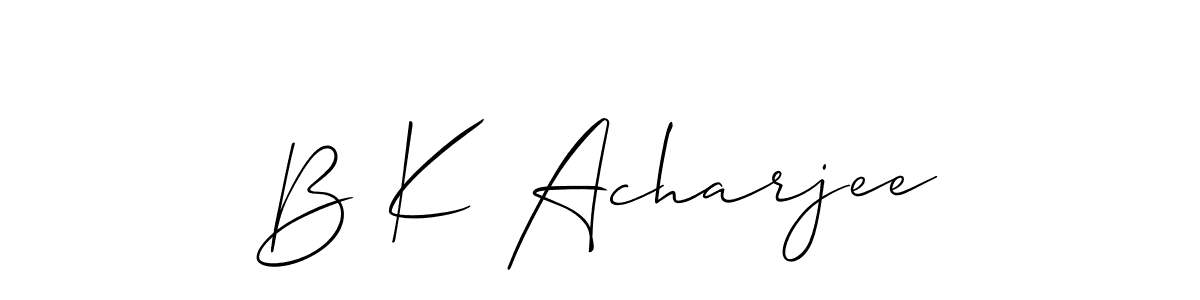Use a signature maker to create a handwritten signature online. With this signature software, you can design (Allison_Script) your own signature for name B K Acharjee. B K Acharjee signature style 2 images and pictures png