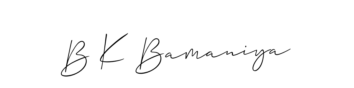 Also You can easily find your signature by using the search form. We will create B K Bamaniya name handwritten signature images for you free of cost using Allison_Script sign style. B K Bamaniya signature style 2 images and pictures png
