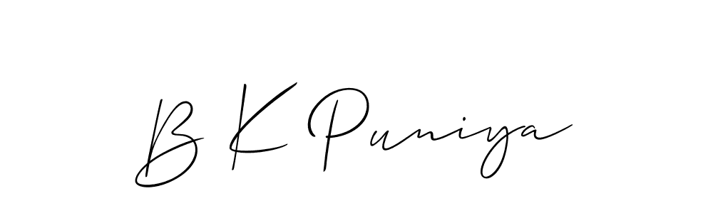 Design your own signature with our free online signature maker. With this signature software, you can create a handwritten (Allison_Script) signature for name B K Puniya. B K Puniya signature style 2 images and pictures png