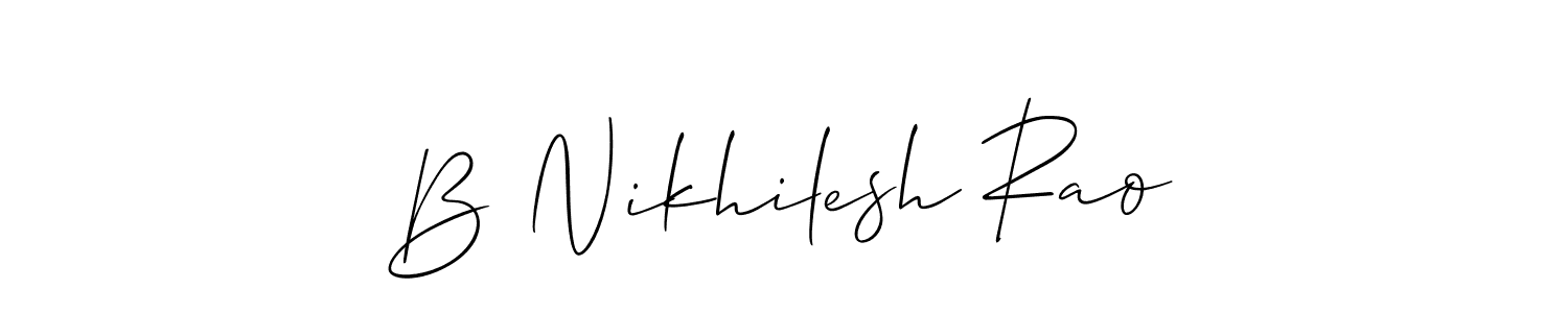 The best way (Allison_Script) to make a short signature is to pick only two or three words in your name. The name B Nikhilesh Rao include a total of six letters. For converting this name. B Nikhilesh Rao signature style 2 images and pictures png