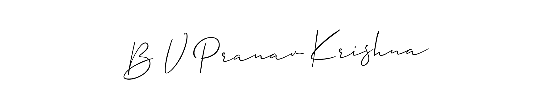 The best way (Allison_Script) to make a short signature is to pick only two or three words in your name. The name B V Pranav Krishna include a total of six letters. For converting this name. B V Pranav Krishna signature style 2 images and pictures png