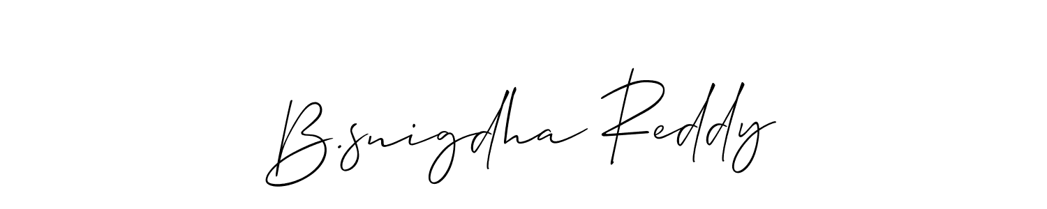 The best way (Allison_Script) to make a short signature is to pick only two or three words in your name. The name B.snigdha Reddy include a total of six letters. For converting this name. B.snigdha Reddy signature style 2 images and pictures png