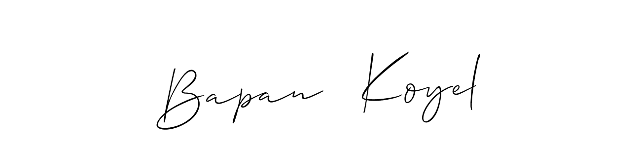 The best way (Allison_Script) to make a short signature is to pick only two or three words in your name. The name Bapan   Koyel include a total of six letters. For converting this name. Bapan   Koyel signature style 2 images and pictures png