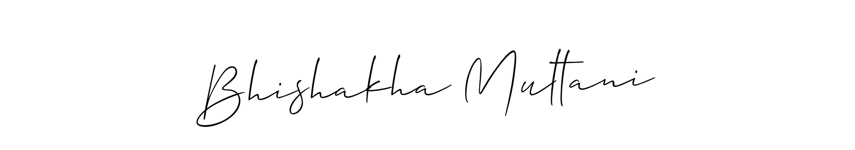 The best way (Allison_Script) to make a short signature is to pick only two or three words in your name. The name Bhishakha Multani include a total of six letters. For converting this name. Bhishakha Multani signature style 2 images and pictures png