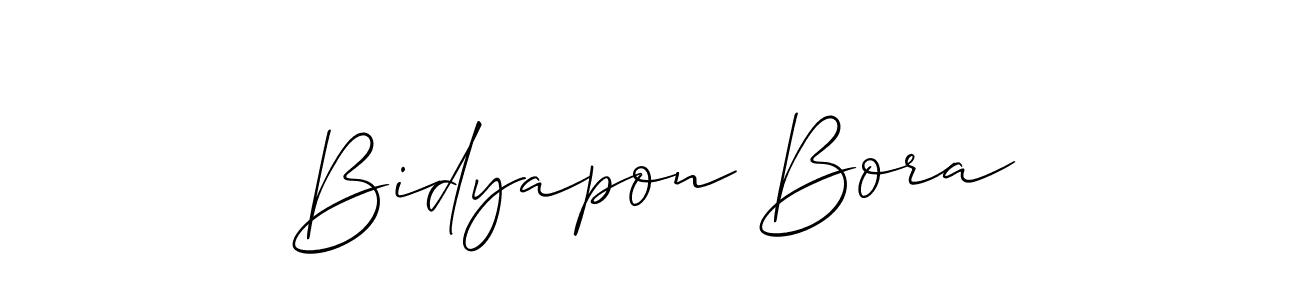 The best way (Allison_Script) to make a short signature is to pick only two or three words in your name. The name Bidyapon Bora include a total of six letters. For converting this name. Bidyapon Bora signature style 2 images and pictures png