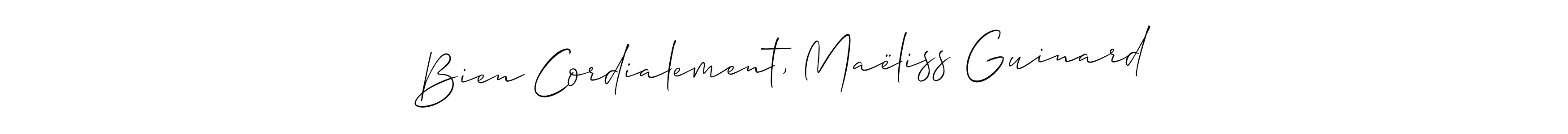 The best way (Allison_Script) to make a short signature is to pick only two or three words in your name. The name Bien Cordialement, Maëliss Guinard include a total of six letters. For converting this name. Bien Cordialement, Maëliss Guinard signature style 2 images and pictures png