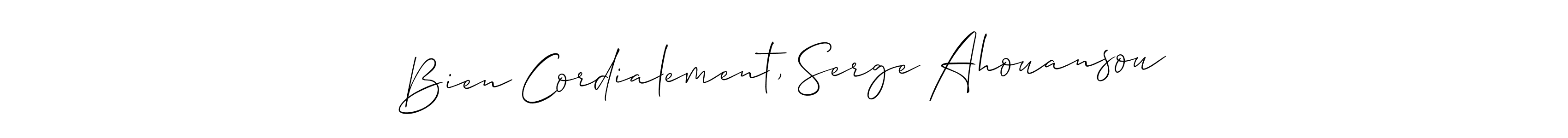 The best way (Allison_Script) to make a short signature is to pick only two or three words in your name. The name Bien Cordialement, Serge Ahouansou include a total of six letters. For converting this name. Bien Cordialement, Serge Ahouansou signature style 2 images and pictures png