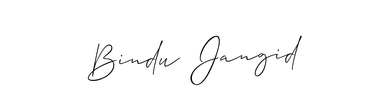 The best way (Allison_Script) to make a short signature is to pick only two or three words in your name. The name Bindu  Jangid include a total of six letters. For converting this name. Bindu  Jangid signature style 2 images and pictures png