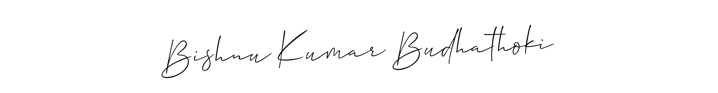 Also You can easily find your signature by using the search form. We will create Bishnu Kumar Budhathoki name handwritten signature images for you free of cost using Allison_Script sign style. Bishnu Kumar Budhathoki signature style 2 images and pictures png