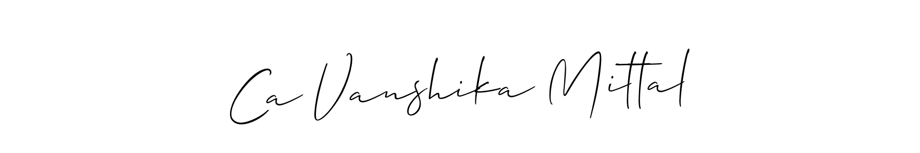 The best way (Allison_Script) to make a short signature is to pick only two or three words in your name. The name Ca Vanshika Mittal include a total of six letters. For converting this name. Ca Vanshika Mittal signature style 2 images and pictures png
