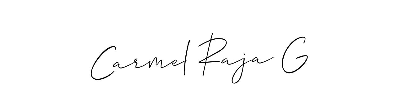 The best way (Allison_Script) to make a short signature is to pick only two or three words in your name. The name Carmel Raja G include a total of six letters. For converting this name. Carmel Raja G signature style 2 images and pictures png