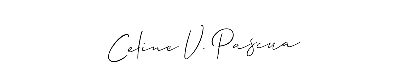 The best way (Allison_Script) to make a short signature is to pick only two or three words in your name. The name Celine V. Pascua include a total of six letters. For converting this name. Celine V. Pascua signature style 2 images and pictures png