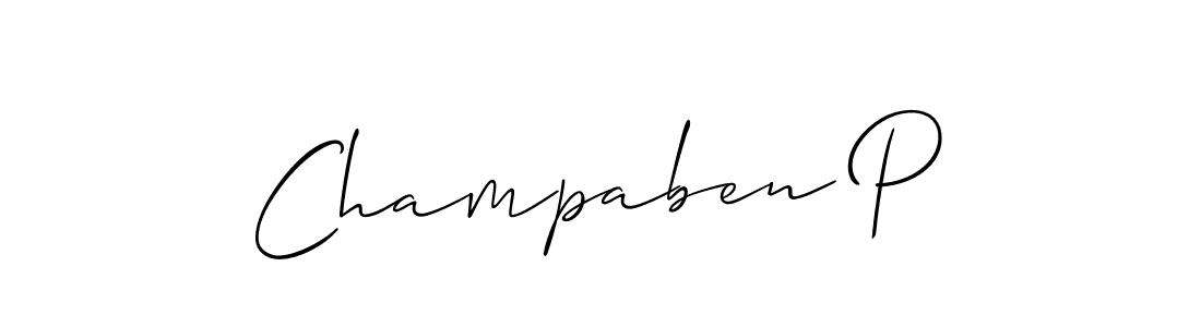 The best way (Allison_Script) to make a short signature is to pick only two or three words in your name. The name Champaben P include a total of six letters. For converting this name. Champaben P signature style 2 images and pictures png