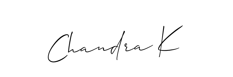 The best way (Allison_Script) to make a short signature is to pick only two or three words in your name. The name Chandra K include a total of six letters. For converting this name. Chandra K signature style 2 images and pictures png