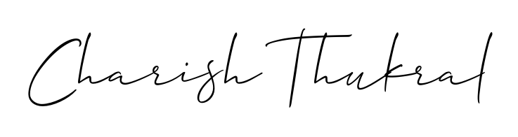 A sleek calligraphic signature for name Charish Thukral utilizing Allison_Script styling. Great for adding personal signatures to photos and art. Charish Thukral signature style 2 images and pictures png