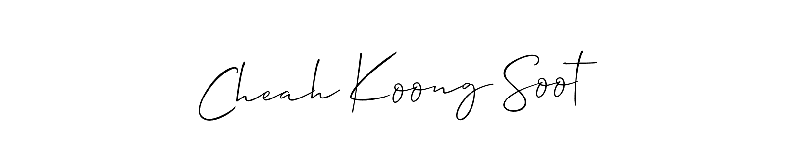 The best way (Allison_Script) to make a short signature is to pick only two or three words in your name. The name Cheah Koong Soot include a total of six letters. For converting this name. Cheah Koong Soot signature style 2 images and pictures png