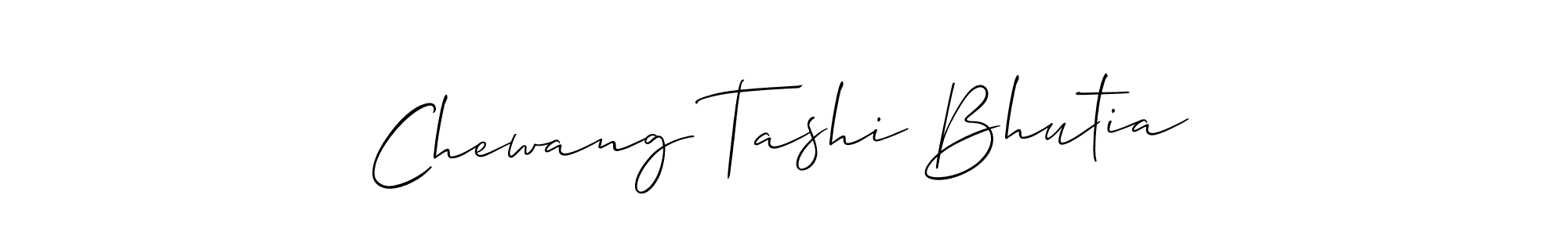 The best way (Allison_Script) to make a short signature is to pick only two or three words in your name. The name Chewang Tashi Bhutia include a total of six letters. For converting this name. Chewang Tashi Bhutia signature style 2 images and pictures png