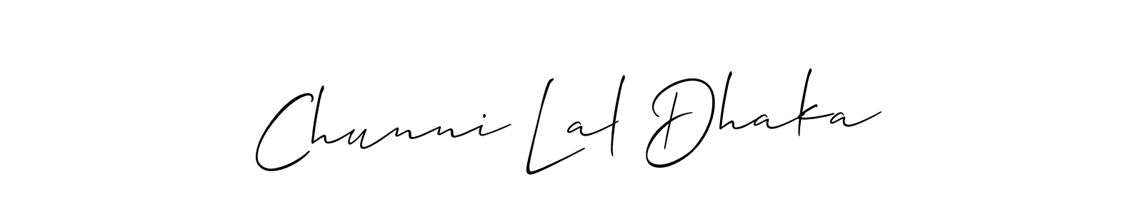 Also You can easily find your signature by using the search form. We will create Chunni Lal Dhaka name handwritten signature images for you free of cost using Allison_Script sign style. Chunni Lal Dhaka signature style 2 images and pictures png