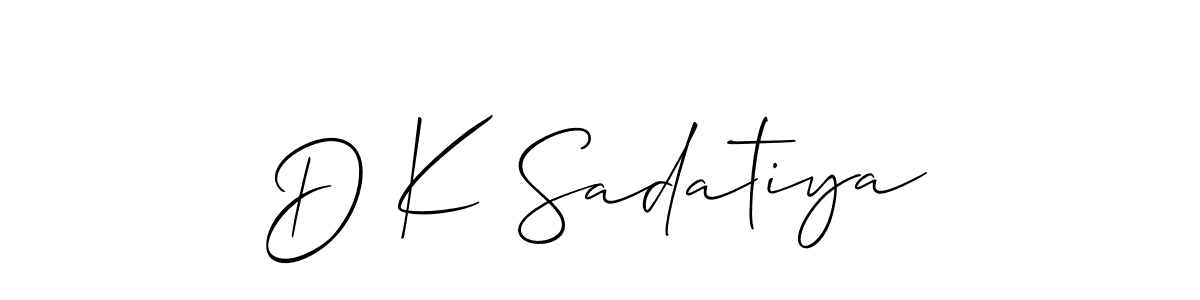 The best way (Allison_Script) to make a short signature is to pick only two or three words in your name. The name D K Sadatiya include a total of six letters. For converting this name. D K Sadatiya signature style 2 images and pictures png