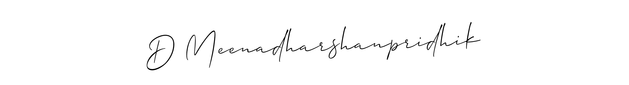 Make a short D Meenadharshanpridhik signature style. Manage your documents anywhere anytime using Allison_Script. Create and add eSignatures, submit forms, share and send files easily. D Meenadharshanpridhik signature style 2 images and pictures png