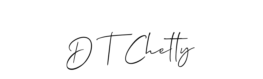 The best way (Allison_Script) to make a short signature is to pick only two or three words in your name. The name D T Chetty include a total of six letters. For converting this name. D T Chetty signature style 2 images and pictures png