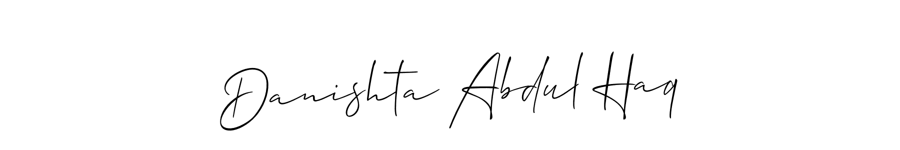 The best way (Allison_Script) to make a short signature is to pick only two or three words in your name. The name Danishta Abdul Haq include a total of six letters. For converting this name. Danishta Abdul Haq signature style 2 images and pictures png