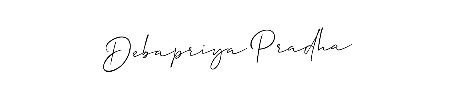 The best way (Allison_Script) to make a short signature is to pick only two or three words in your name. The name Debapriya Pradha include a total of six letters. For converting this name. Debapriya Pradha signature style 2 images and pictures png