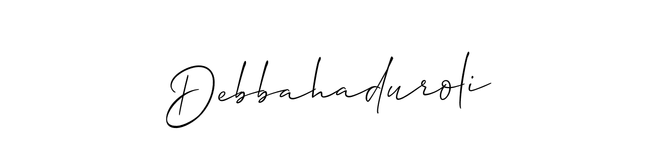 The best way (Allison_Script) to make a short signature is to pick only two or three words in your name. The name Debbahaduroli include a total of six letters. For converting this name. Debbahaduroli signature style 2 images and pictures png