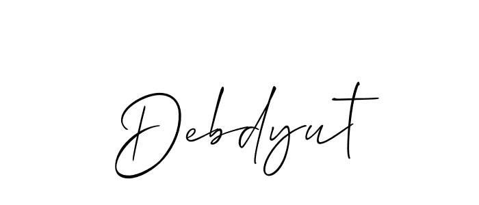 The best way (Allison_Script) to make a short signature is to pick only two or three words in your name. The name Debdyut include a total of six letters. For converting this name. Debdyut signature style 2 images and pictures png