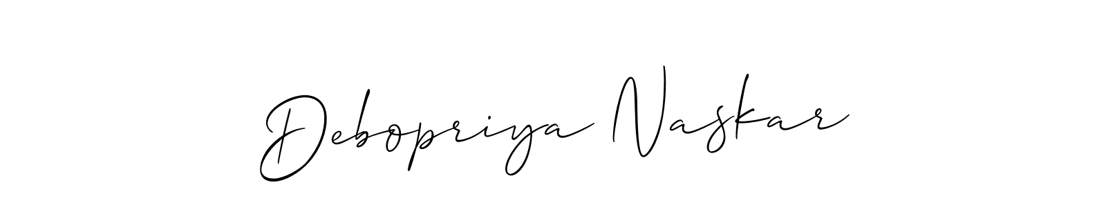 It looks lik you need a new signature style for name Debopriya Naskar. Design unique handwritten (Allison_Script) signature with our free signature maker in just a few clicks. Debopriya Naskar signature style 2 images and pictures png