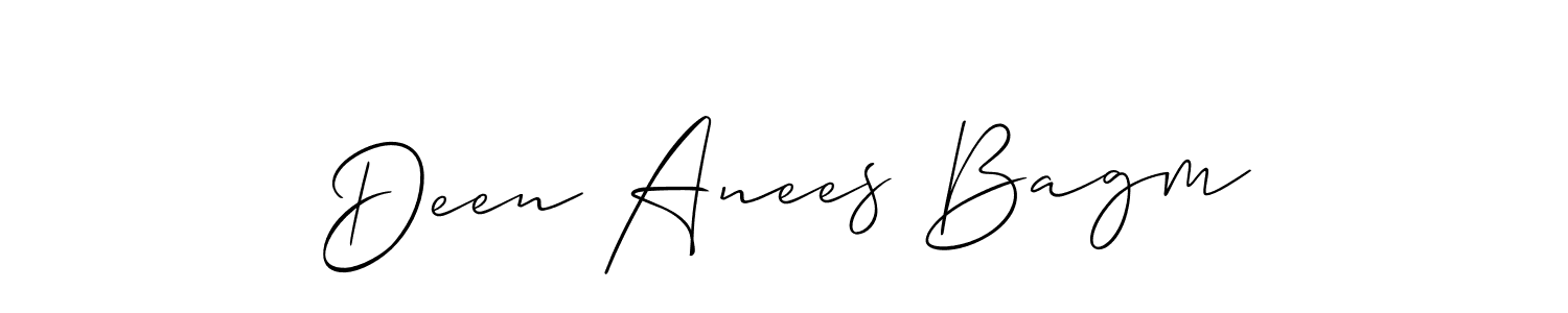 The best way (Allison_Script) to make a short signature is to pick only two or three words in your name. The name Deen Anees Bagm include a total of six letters. For converting this name. Deen Anees Bagm signature style 2 images and pictures png