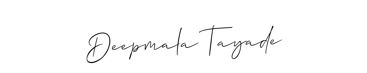 The best way (Allison_Script) to make a short signature is to pick only two or three words in your name. The name Deepmala Tayade include a total of six letters. For converting this name. Deepmala Tayade signature style 2 images and pictures png