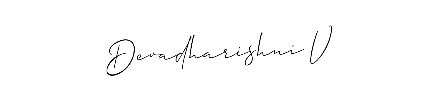 This is the best signature style for the Devadharishni V name. Also you like these signature font (Allison_Script). Mix name signature. Devadharishni V signature style 2 images and pictures png