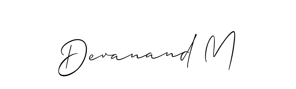 The best way (Allison_Script) to make a short signature is to pick only two or three words in your name. The name Devanand M include a total of six letters. For converting this name. Devanand M signature style 2 images and pictures png