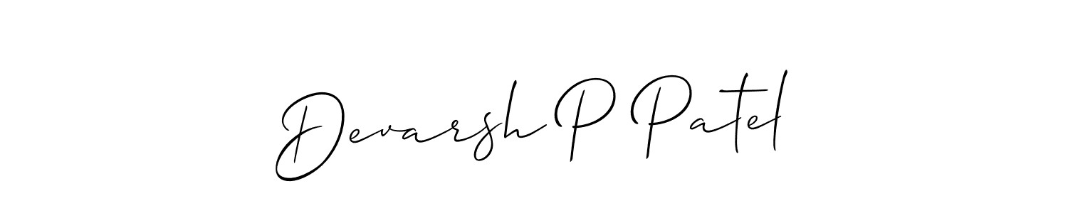 The best way (Allison_Script) to make a short signature is to pick only two or three words in your name. The name Devarsh P Patel include a total of six letters. For converting this name. Devarsh P Patel signature style 2 images and pictures png