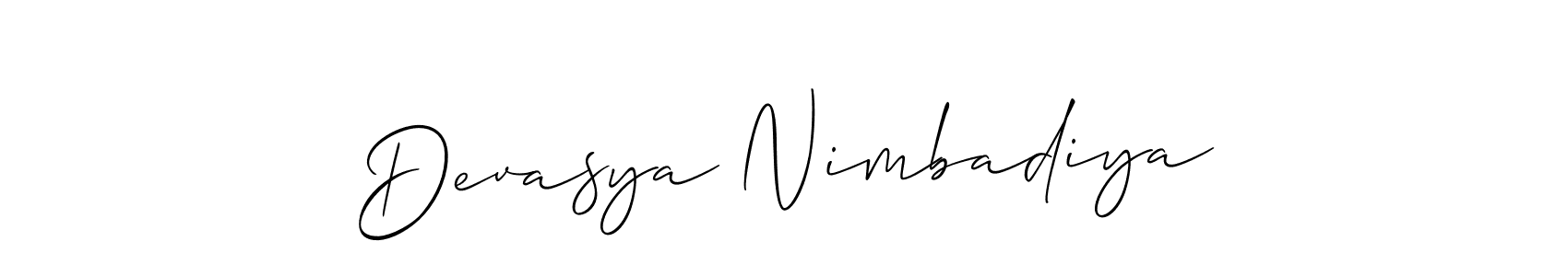The best way (Allison_Script) to make a short signature is to pick only two or three words in your name. The name Devasya Nimbadiya include a total of six letters. For converting this name. Devasya Nimbadiya signature style 2 images and pictures png