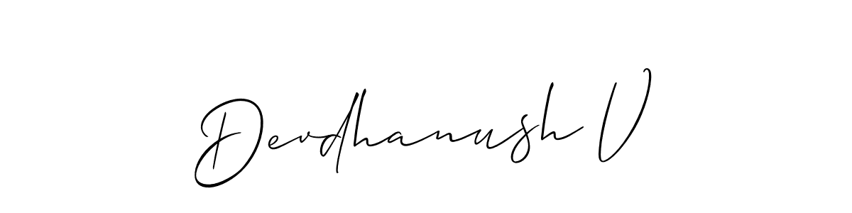 How to make Devdhanush V signature? Allison_Script is a professional autograph style. Create handwritten signature for Devdhanush V name. Devdhanush V signature style 2 images and pictures png