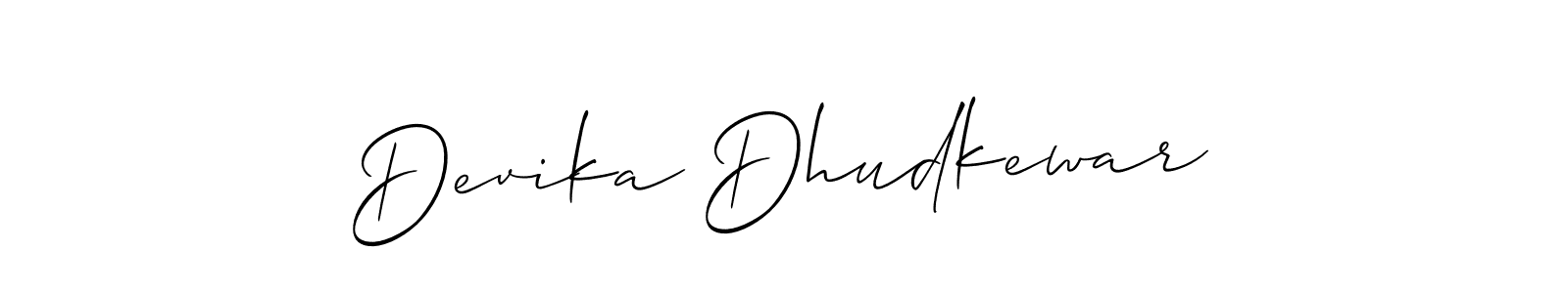 The best way (Allison_Script) to make a short signature is to pick only two or three words in your name. The name Devika Dhudkewar include a total of six letters. For converting this name. Devika Dhudkewar signature style 2 images and pictures png