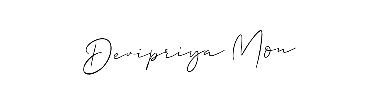 Also You can easily find your signature by using the search form. We will create Devipriya Mon name handwritten signature images for you free of cost using Allison_Script sign style. Devipriya Mon signature style 2 images and pictures png