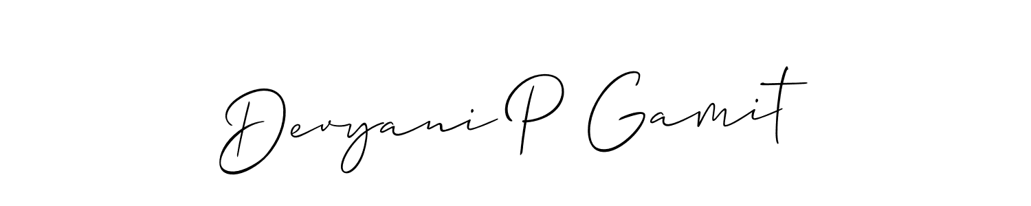 Also we have Devyani P Gamit name is the best signature style. Create professional handwritten signature collection using Allison_Script autograph style. Devyani P Gamit signature style 2 images and pictures png