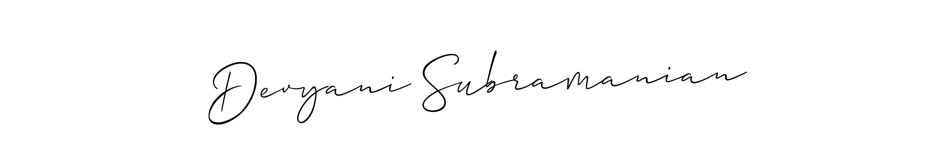 Create a beautiful signature design for name Devyani Subramanian. With this signature (Allison_Script) fonts, you can make a handwritten signature for free. Devyani Subramanian signature style 2 images and pictures png