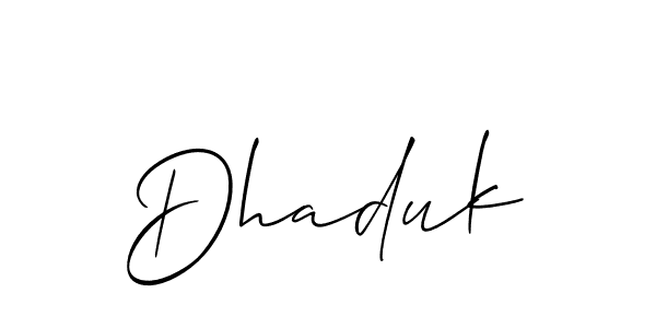 Use a signature maker to create a handwritten signature online. With this signature software, you can design (Allison_Script) your own signature for name Dhaduk. Dhaduk signature style 2 images and pictures png