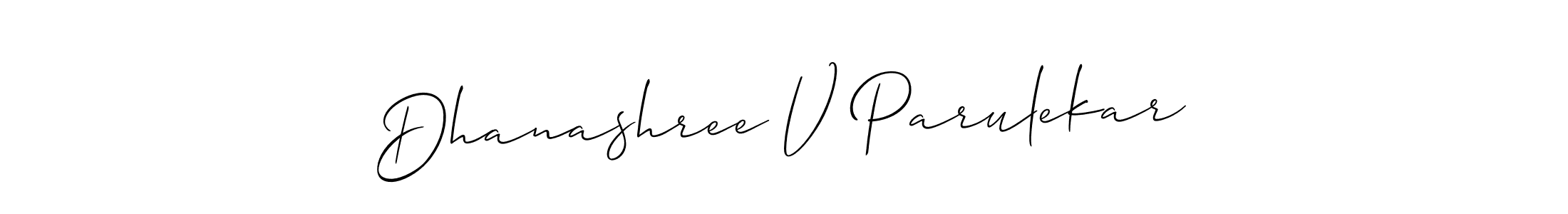 The best way (Allison_Script) to make a short signature is to pick only two or three words in your name. The name Dhanashree V Parulekar include a total of six letters. For converting this name. Dhanashree V Parulekar signature style 2 images and pictures png