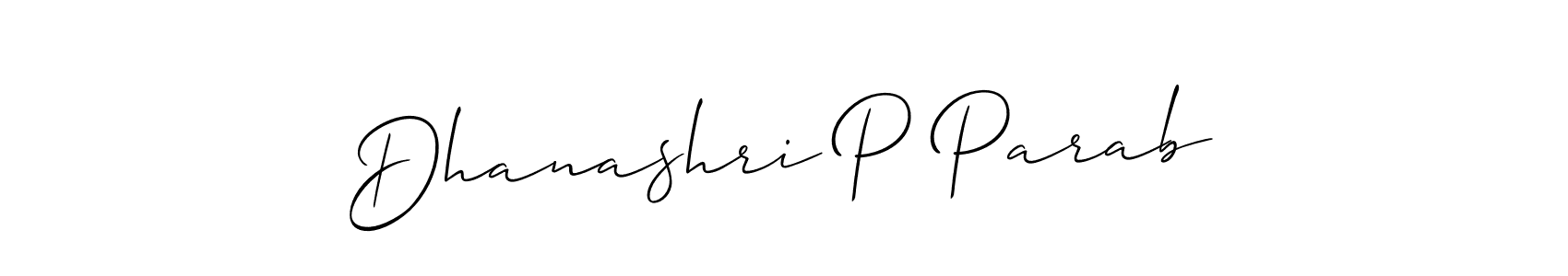The best way (Allison_Script) to make a short signature is to pick only two or three words in your name. The name Dhanashri P Parab include a total of six letters. For converting this name. Dhanashri P Parab signature style 2 images and pictures png