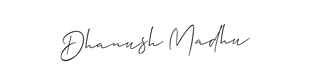 Use a signature maker to create a handwritten signature online. With this signature software, you can design (Allison_Script) your own signature for name Dhanush Madhu. Dhanush Madhu signature style 2 images and pictures png