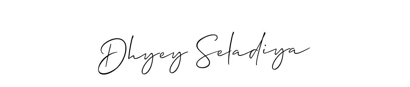 Also You can easily find your signature by using the search form. We will create Dhyey Seladiya name handwritten signature images for you free of cost using Allison_Script sign style. Dhyey Seladiya signature style 2 images and pictures png