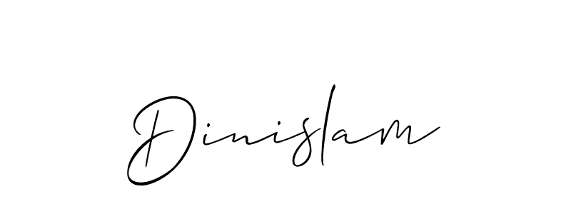 The best way (Allison_Script) to make a short signature is to pick only two or three words in your name. The name Dinislam include a total of six letters. For converting this name. Dinislam signature style 2 images and pictures png