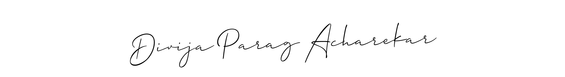 Allison_Script is a professional signature style that is perfect for those who want to add a touch of class to their signature. It is also a great choice for those who want to make their signature more unique. Get Divija Parag Acharekar name to fancy signature for free. Divija Parag Acharekar signature style 2 images and pictures png