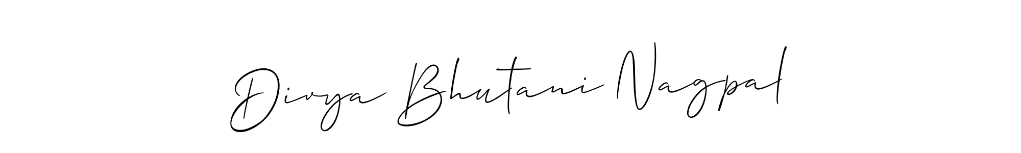 The best way (Allison_Script) to make a short signature is to pick only two or three words in your name. The name Divya Bhutani Nagpal include a total of six letters. For converting this name. Divya Bhutani Nagpal signature style 2 images and pictures png